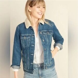 Old Navy Oversized Sherpa-Lined Boyfriend Jean Jacket Women's M Denim Cozy Coat